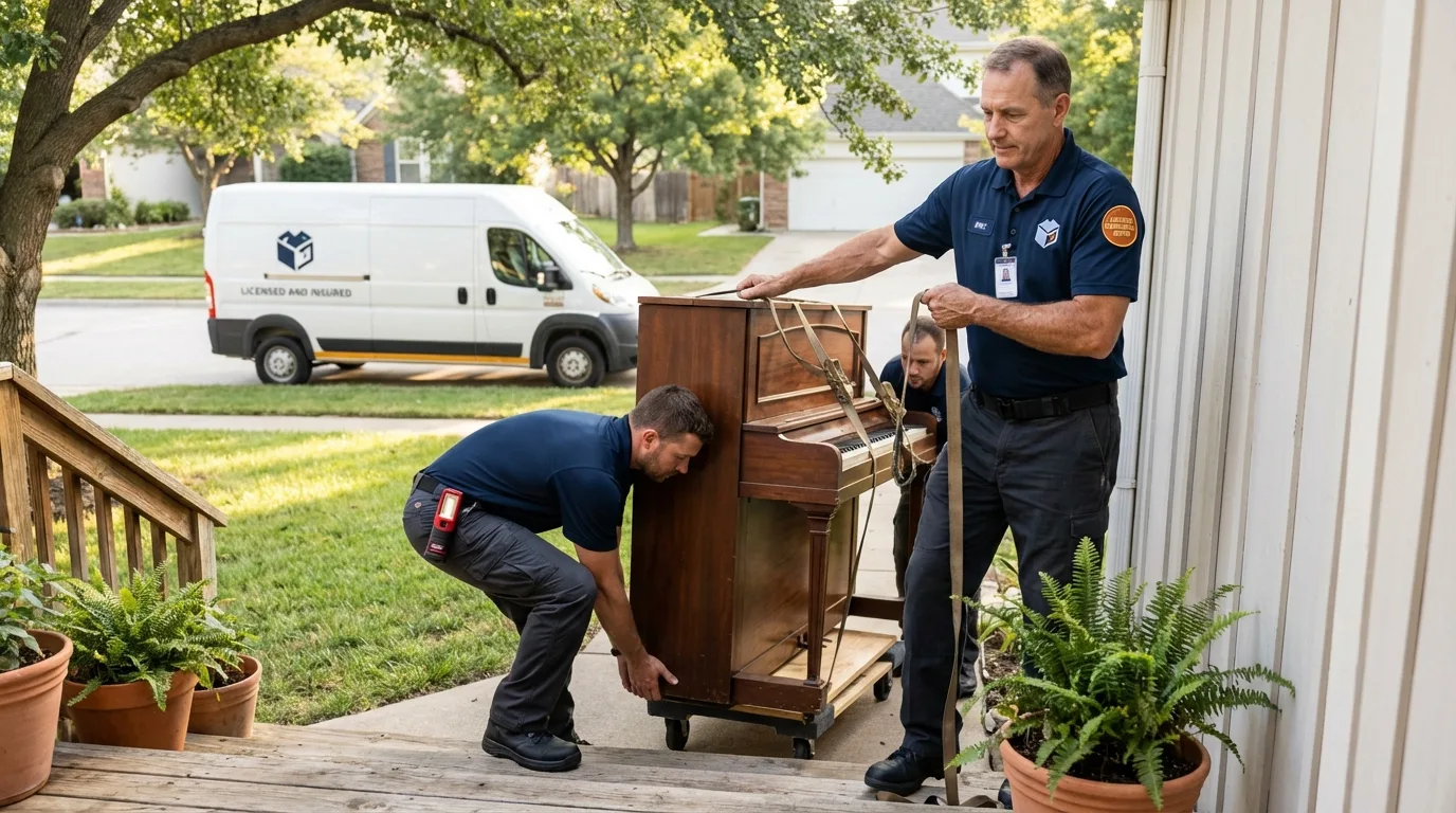 Licensed piano movers securing grand piano in Newton, TX